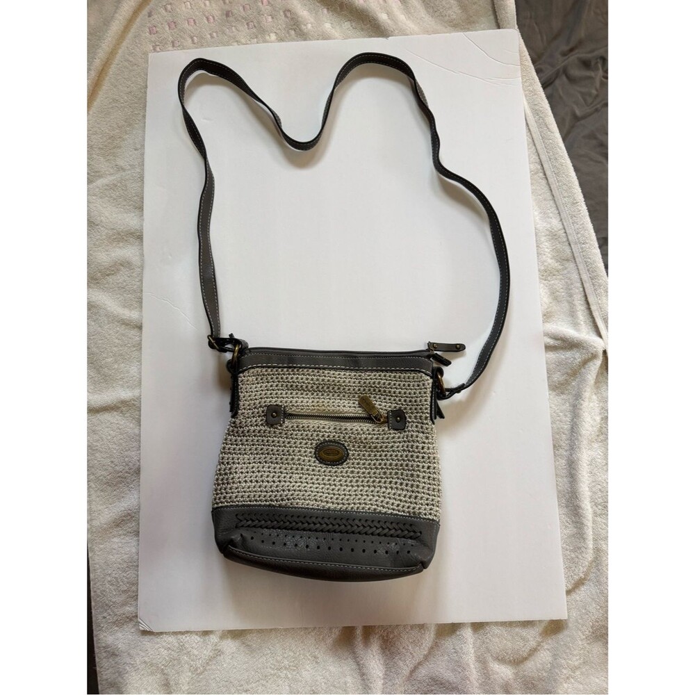 Crossbody Shoulder Bag - Beige Woven with Gray Trim
